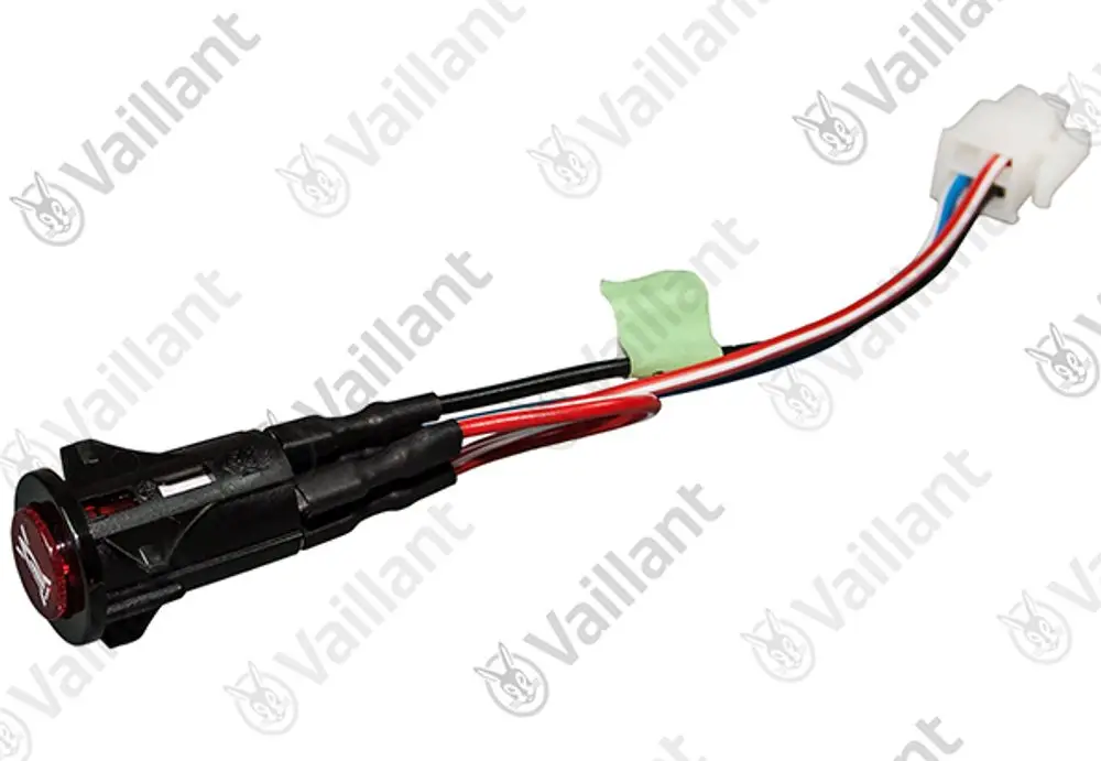Vaillant-Schalter mit zwei elektrischen Anschlüssen und Kabeln in verschiedenen Farben, zur Verwendung in Heizungs- oder Lüftungssystemen.